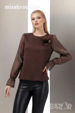 Блуза “Cocoa Bloom” – дамска блуза с цветна апликация и прозрачни ръкави арт.5065, снимка 3 - Блузи с дълъг ръкав и пуловери - 55821793