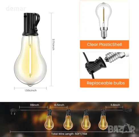 Външни светлини Bestendony Водоустойчиви, 15M гирляндни светлини с 26 нечупливи крушки (1 резервна), снимка 4 - Лед осветление - 48008635