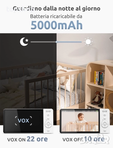 Нов GHB Бебефон с видео и аудио 5" 720P HD бебешка камера с IPS екран 5000mAh VOX нощно виждане ..., снимка 5 - Бебефони - 52747089