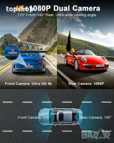 НОВА K20S Pro предна и задна даш камера, 4K с 64GB карта, 4K+1080P WiFi, 2-канална камера с 3" IPS, снимка 5 - Аксесоари и консумативи - 50542333