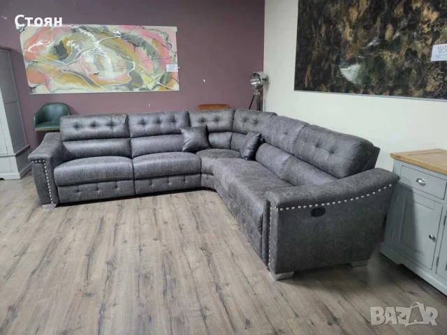 Кафяв ъглов диван от плат La-z-boy с ръчен релаксиращ механизъм, снимка 3 - Дивани и мека мебел - 50838162