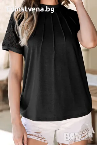 Дамска блуза в черно с къси ръкави с бродерия, снимка 6 - Други - 50022091