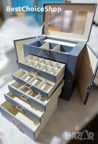 кутия за бижута 6-етажна от естествено дърво, кожа с огледало – XXL синьо-сиво, снимка 7 - Други - 53357861