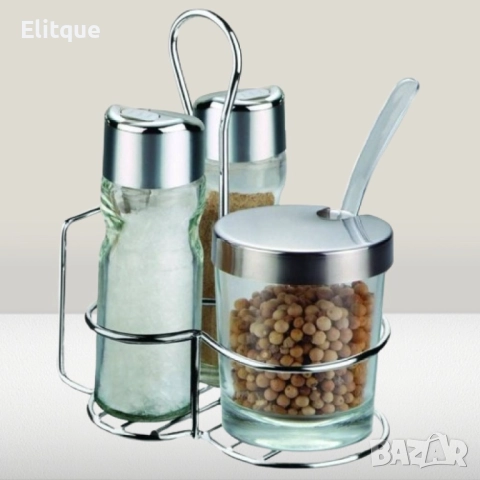 Комплект за маса Bohmann за сол, пипер и захар, поставка с място за салфетки, Стъкло, неръж. стомана, снимка 4 - Други - 52889014