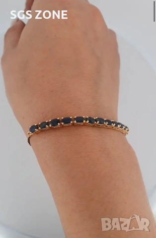 Тенис сребърна позлатена гривна със сапфири от Тайланд , снимка 2 - Гривни - 53261095