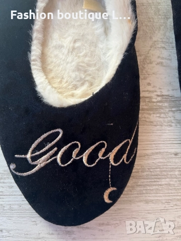 Домашни дамски пухени пантофки тип балеринки в черен цвят с надпис Good Night 🖤, снимка 3 - Пантофи - 52423045