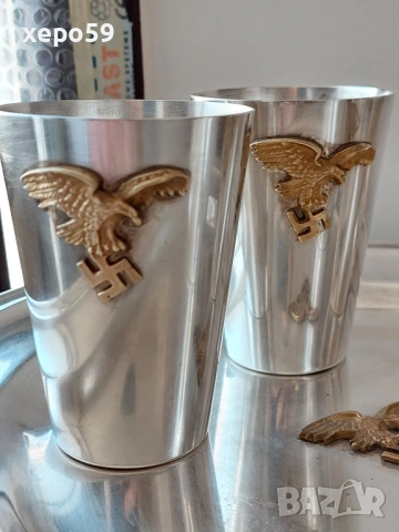 WW2-Немски посребрен сервиз подарен на летец офицер чаши,плато.сребро, снимка 3 - Антикварни и старинни предмети - 52287493