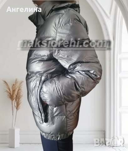 Късо спортно яке в сребърен металик с лъскав ефект., снимка 2 - Якета - 52375612