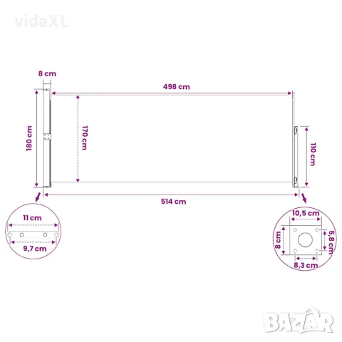vidaXL Прибираща се дворна странична тента, 180x514 см, сива, снимка 9 - Огради и мрежи - 56146635