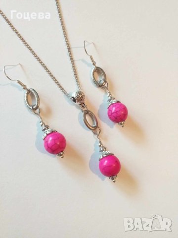 Разкошен комплект обици и колие с розов Тюркоаз и орнаменти цвят сребро , снимка 7 - Бижутерийни комплекти - 41668951