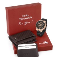 Мъжки комплект, портфейл и часовник, Polo Air, кафяво, снимка 2 - Портфейли, портмонета - 44147779
