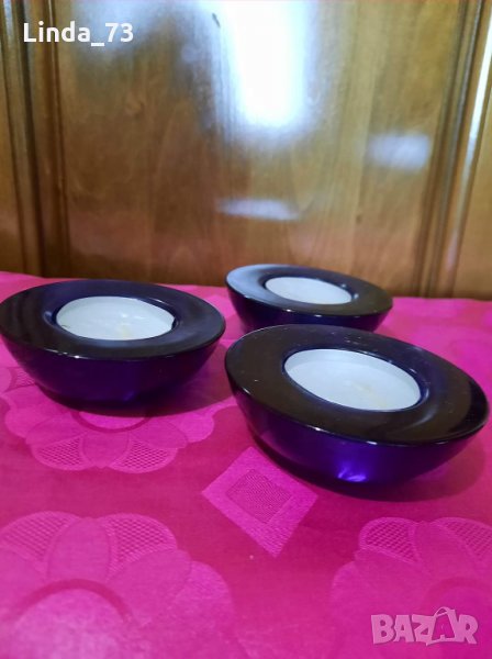 Стъклени свещници в кобалтово-синьо - 3бр., със свещи. Внос от Германия., снимка 1