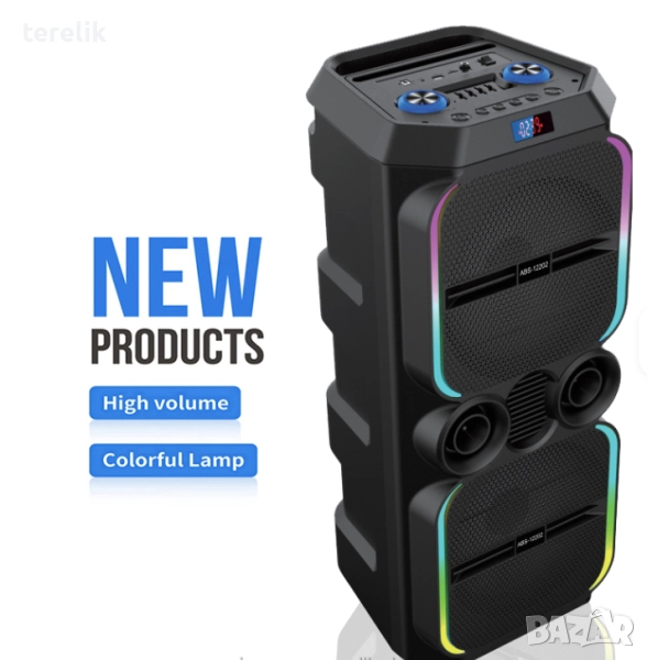 🔊 ABS-12202 – 12”×2 Xbass 200W 6000mah-50лв Професионална караоке тонколона, Bluetooth, 2 микрофонa, снимка 1