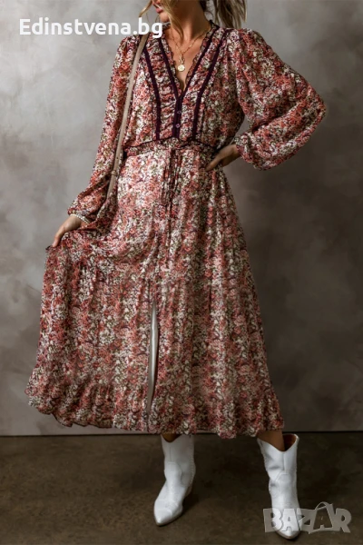 Дамска рокля с дълъг ръкав, средна дължина и флорален принт, снимка 1