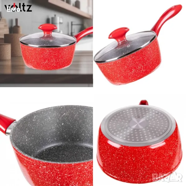 Касерола с капак Voltz, 18см. / 1.6л., Мраморно покритие, Индукция, Червен, снимка 1