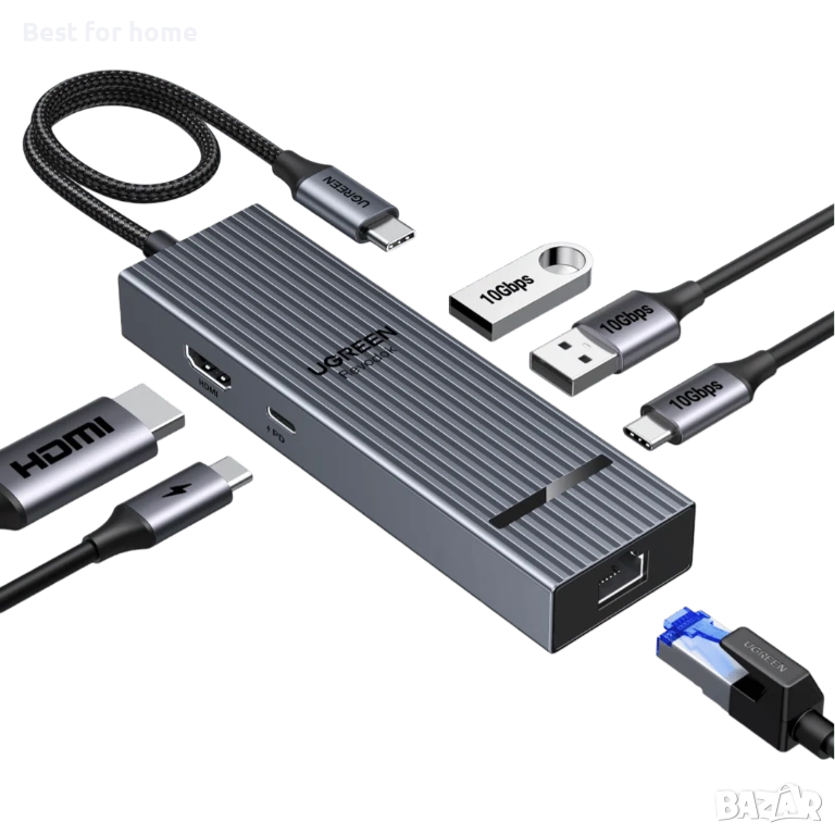USB-C Хъб Ugreen Revodok 6-в-1 – 4K@60Hz HDMI, Gigabit Ethernet, 100W PD зареждане, снимка 1