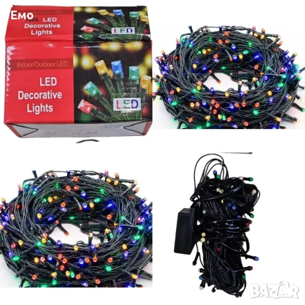 Цветни коледни лампички с черен кабел / 100led светлини - 5 метра, снимка 1