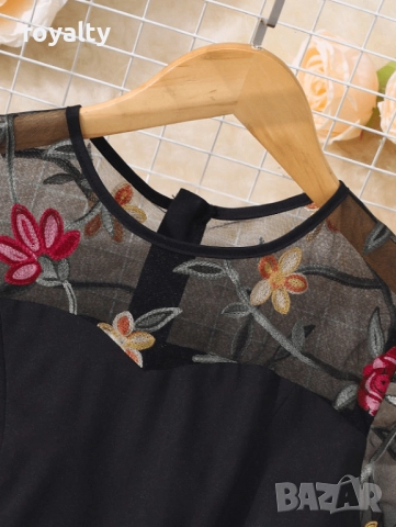 Елегантен дамски гащеризон с мрежест ръкав с флорални бродерии, снимка 2 - Гащеризони - 52142239