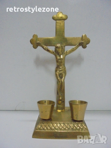 № 8457 Стар настолен свещник – Кръст с разпятие , снимка 4 - Други ценни предмети - 53169086