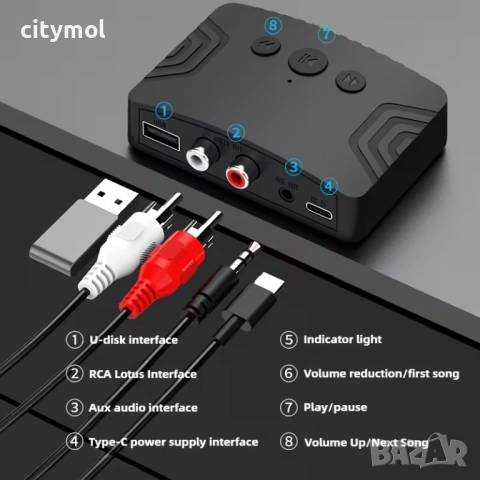 Bluetooth 5.3 аудио приемник с RCA / AUX / USB