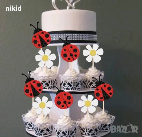 12 бр Калинка калинки цвете брокатени топери за мъфини кексчета декор торта парти, снимка 3 - Други - 50389394