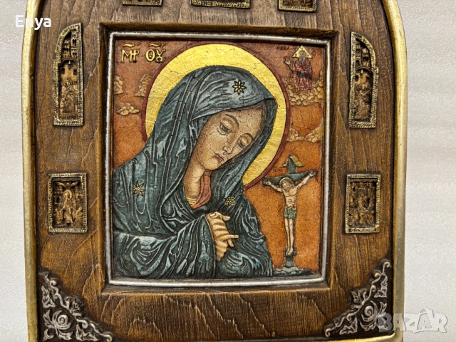 Ръчно рисувана икона на Света Богородица Долороса с миниатюри, снимка 3 - Икони - 53620506