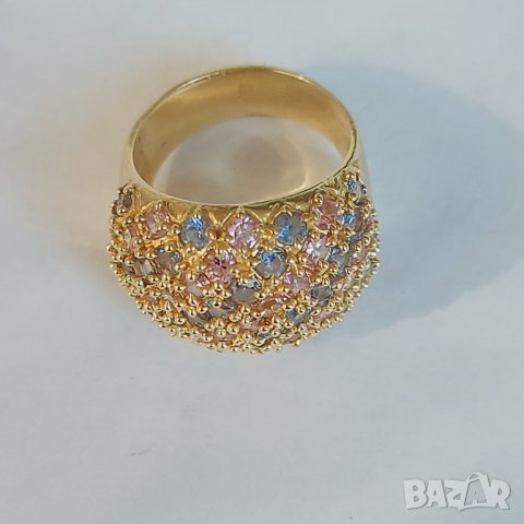 Уникален златен пръстен с естествени турмалини и аквамарини, снимка 2 - Пръстени - 35781903