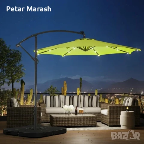 Висящ градински чадър 3м със соларни LED светлини – Зелен, снимка 8 - Градински мебели, декорация  - 51051201