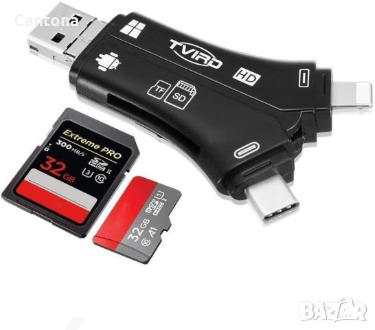 TVIRD Четец на SD/Micro SD карти, 4 в 1 Type-C, USB , Micro USB и Lighting, iPhone/iPad/Android/Mac, снимка 1 - Други - 40419713