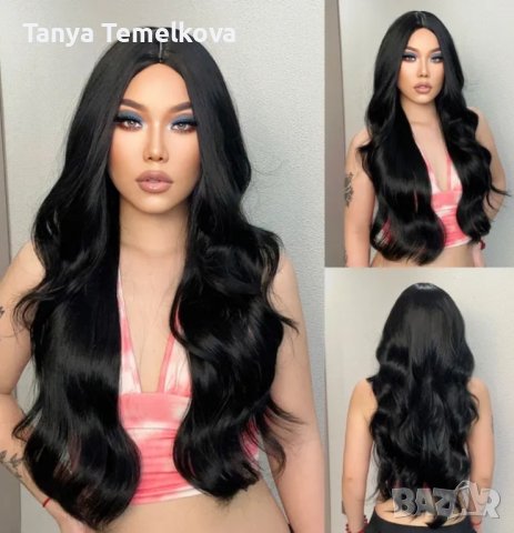 Черна перука без бретон на леки вълни