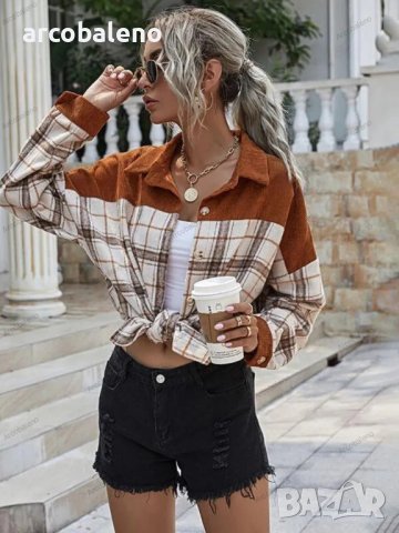 Дамско преходно яке с дълъг ръкав от рипсено кадифе и карирани шевове - 023 , снимка 3 - Якета - 41809777