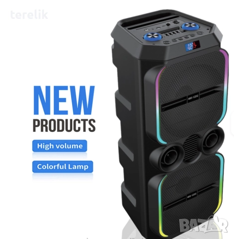 🔊 ABS-12202 – 12”×2 Xbass 200W 6000mah-50лв Професионална караоке тонколона, Bluetooth, 2 микрофонa
