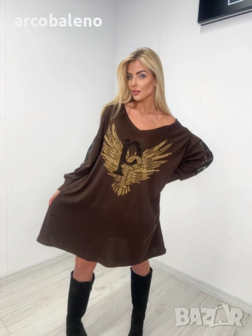 Дамски овърсайз суичър (туника ) с принт и пайети на орел, 2цвята , снимка 4 - Рокли - 53586926