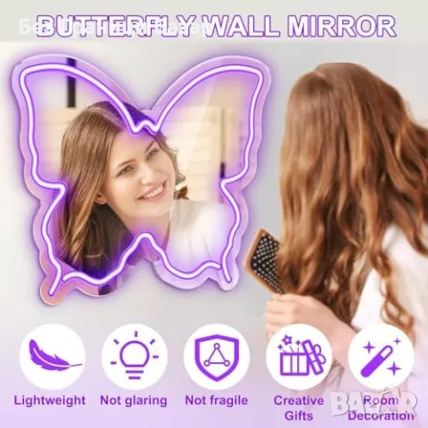 Ново Декоративно огледало с неонова пеперуда, USB, за спалня и парти, снимка 2 - Други - 48924368