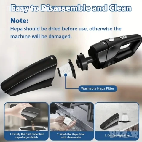 Портативна мощна прахосмукачка за кола и дом – USB зареждане, тиха и лека, снимка 8 - Аксесоари и консумативи - 50756848