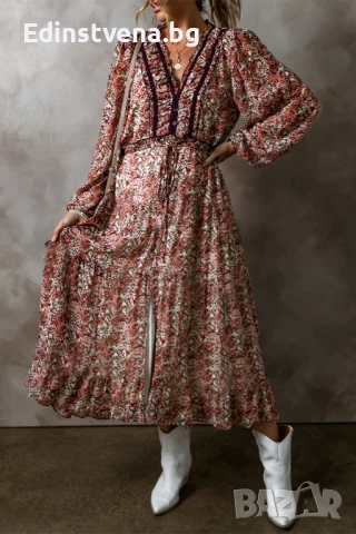 Дамска рокля с дълъг ръкав, средна дължина и флорален принт, снимка 1