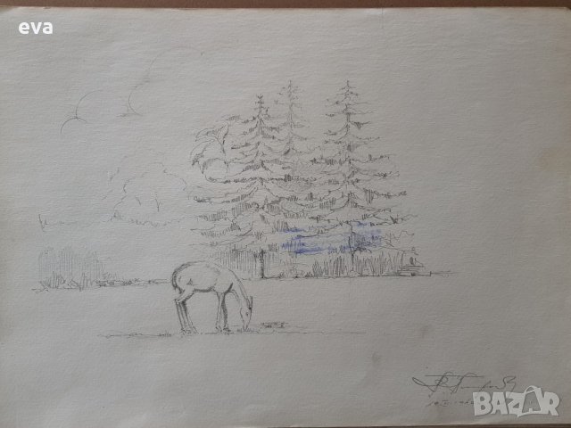 Майсторска рисунка Тома Петров(1908-1972) Пейзаж със сърничка 1946година, снимка 2 - Картини - 36004236