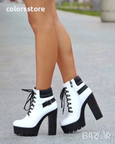 Боти на ток - бяла кожа с черно ходило - BT14