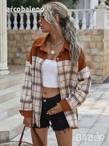 Дамско преходно яке с дълъг ръкав от рипсено кадифе и карирани шевове - 023 , снимка 2 - Якета - 41809777