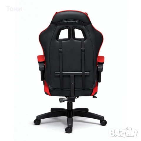 Удобен геймърски стол с поставка за крака и масажна лумбална възглавница, Черно-червен, снимка 6 - Геймърски - 53448869