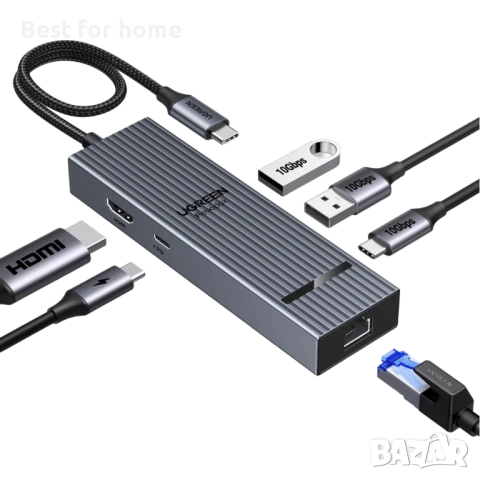 USB-C Хъб Ugreen Revodok 6-в-1 – 4K@60Hz HDMI, Gigabit Ethernet, 100W PD зареждане
