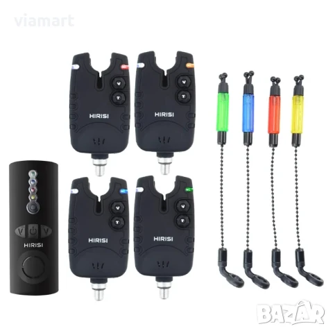 Комплект сигнализатори за риболов Hirisi SQ-4 - 4+1 с цветни обтегачи, снимка 4 - Екипировка - 50526966