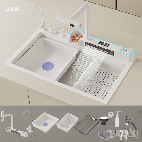 Луксозна бяла мултифункционална кухненска мивка с двоен водопад, снимка 7 - Мивки - 44729287