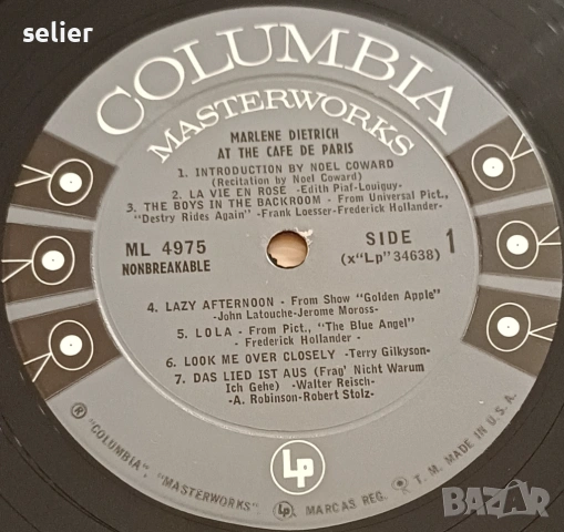 Marlene Dietrich ‎– Marlene Dietrich At The Cafe De Paris Издание на Columbia 🇺🇸 USA 1955г - MONO , снимка 4 - Грамофонни плочи - 53058502