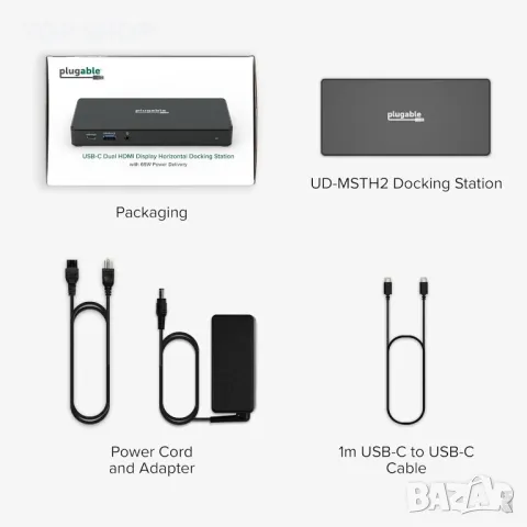 Plugable USB C докинг станция с 2 HDMI порта 4K 60Hz,65W,1xUSB-C,3xUSB, снимка 7 - Захранвания и кутии - 49437238