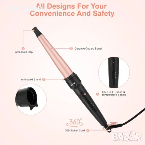 LXMTOU Маша за къдрене на коса 3 в 1, конусовидна 9-32 mm турмалинова керамична, с ръкавица, снимка 2 - Маши за коса - 49682805