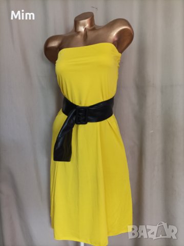 М Жълта рокля с черен кожен колан 