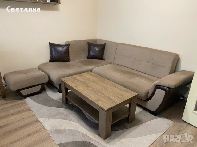 Разтегателен ъглов диван + клик-клак механизъм , тъмно бежов + кафява кожа, снимка 2 - Дивани и мека мебел - 53202502
