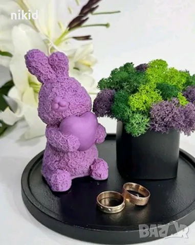 3D Заек зайче от рози и сърце силиконов молд форма фондан шоколад гипс смола свещ декор, снимка 5 - Форми - 49734109