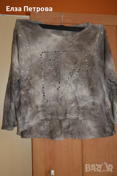 Пролетно - есенна памучна блуза спаднал ръкав в бежово и кафяво, снимка 1